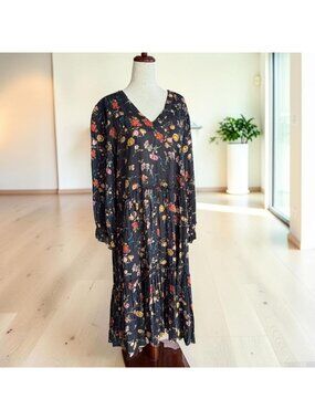Lula Soul Floral Midi Dress Boho Tiered Pockets V Neck Long Sleeve Size Medium